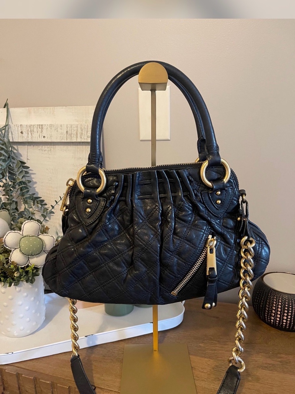 Marc Jacobs Black Quilted Shoulder Bag with Gold Hardware